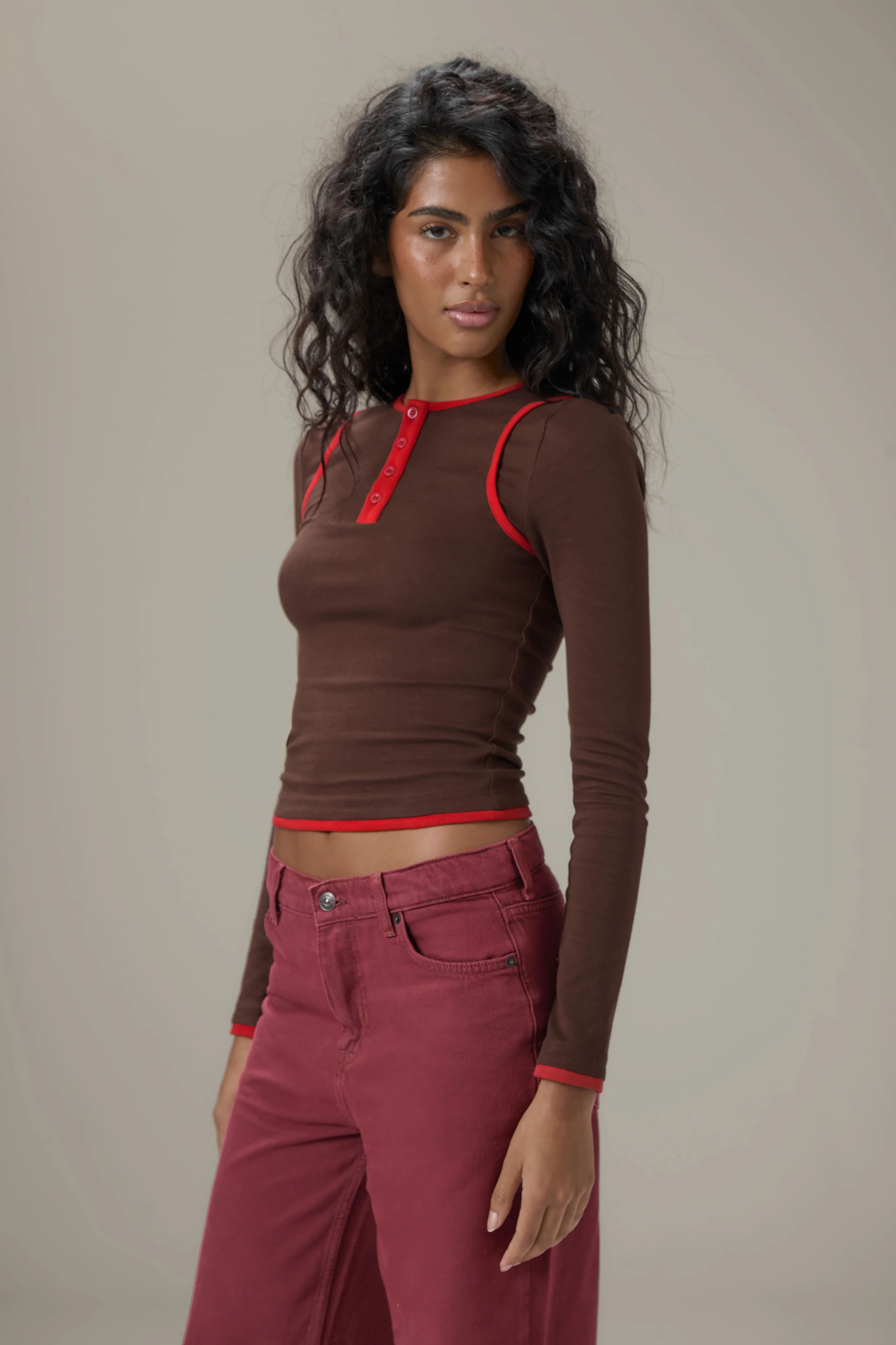 Huggie Layered Long Sleeve Top in Brown - Image 3