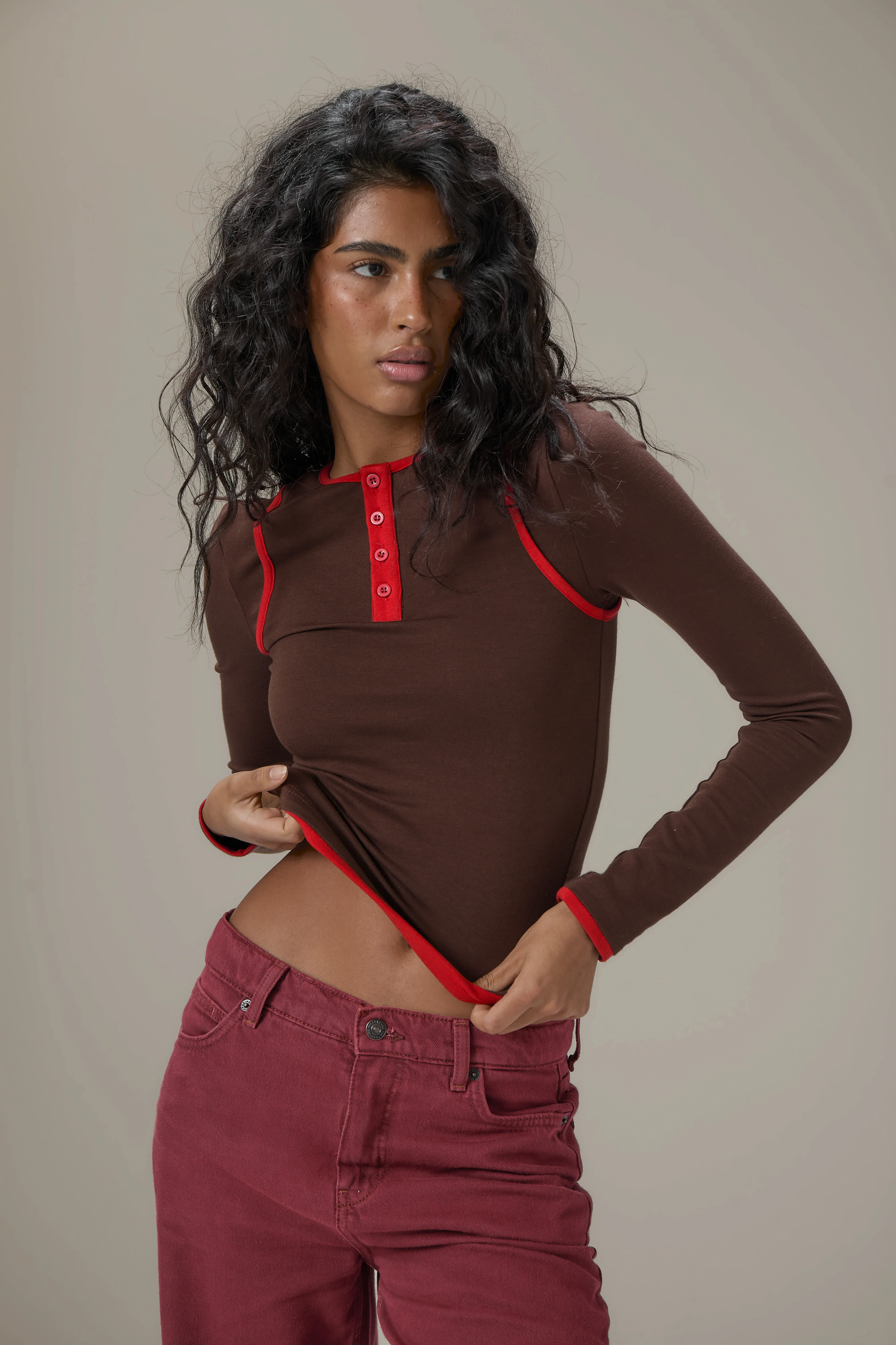 Huggie Layered Long Sleeve Top in Brown - Image 5