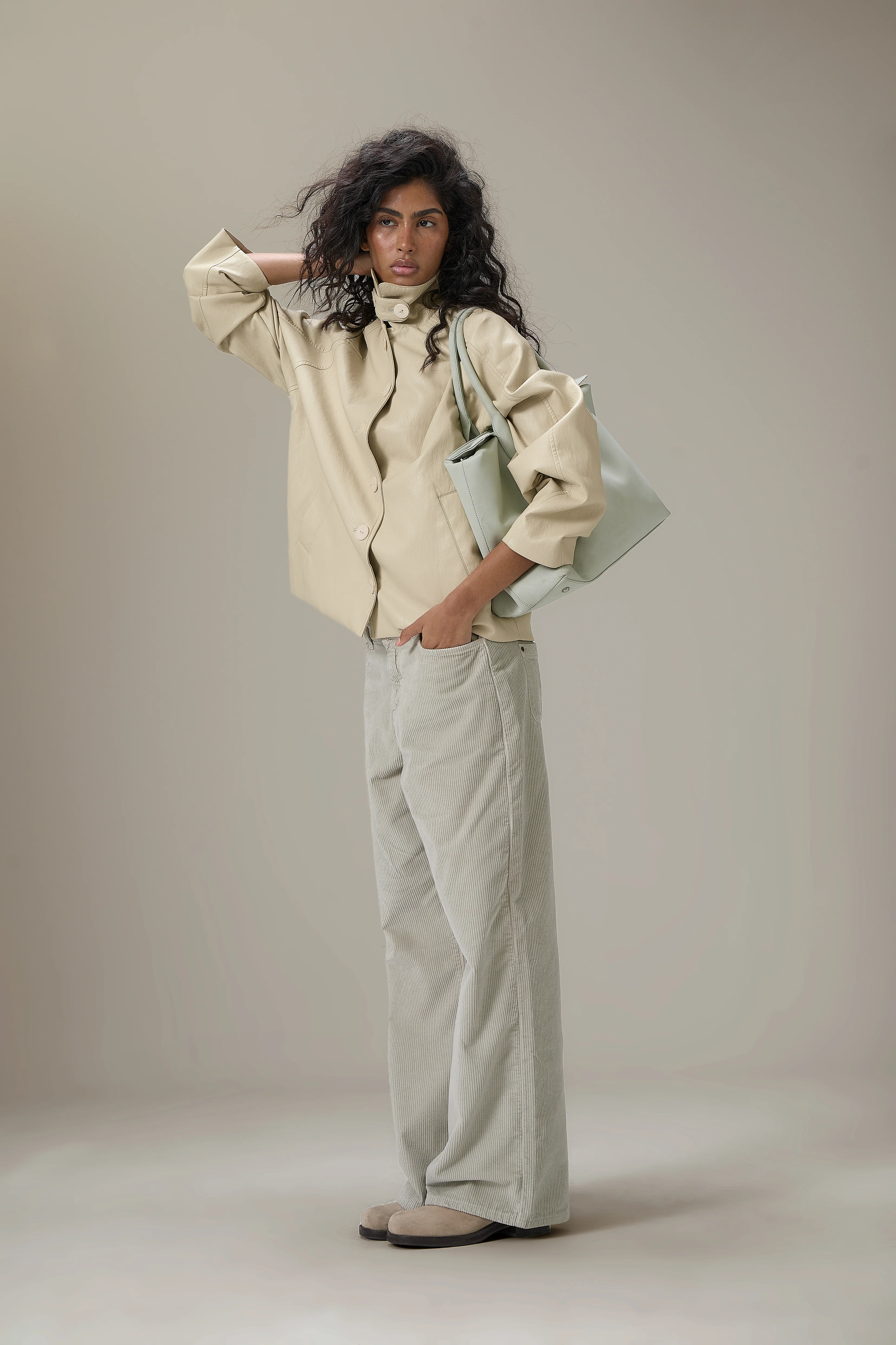 Hollies Classic Faux Leather Jacket in Sand - Image 3