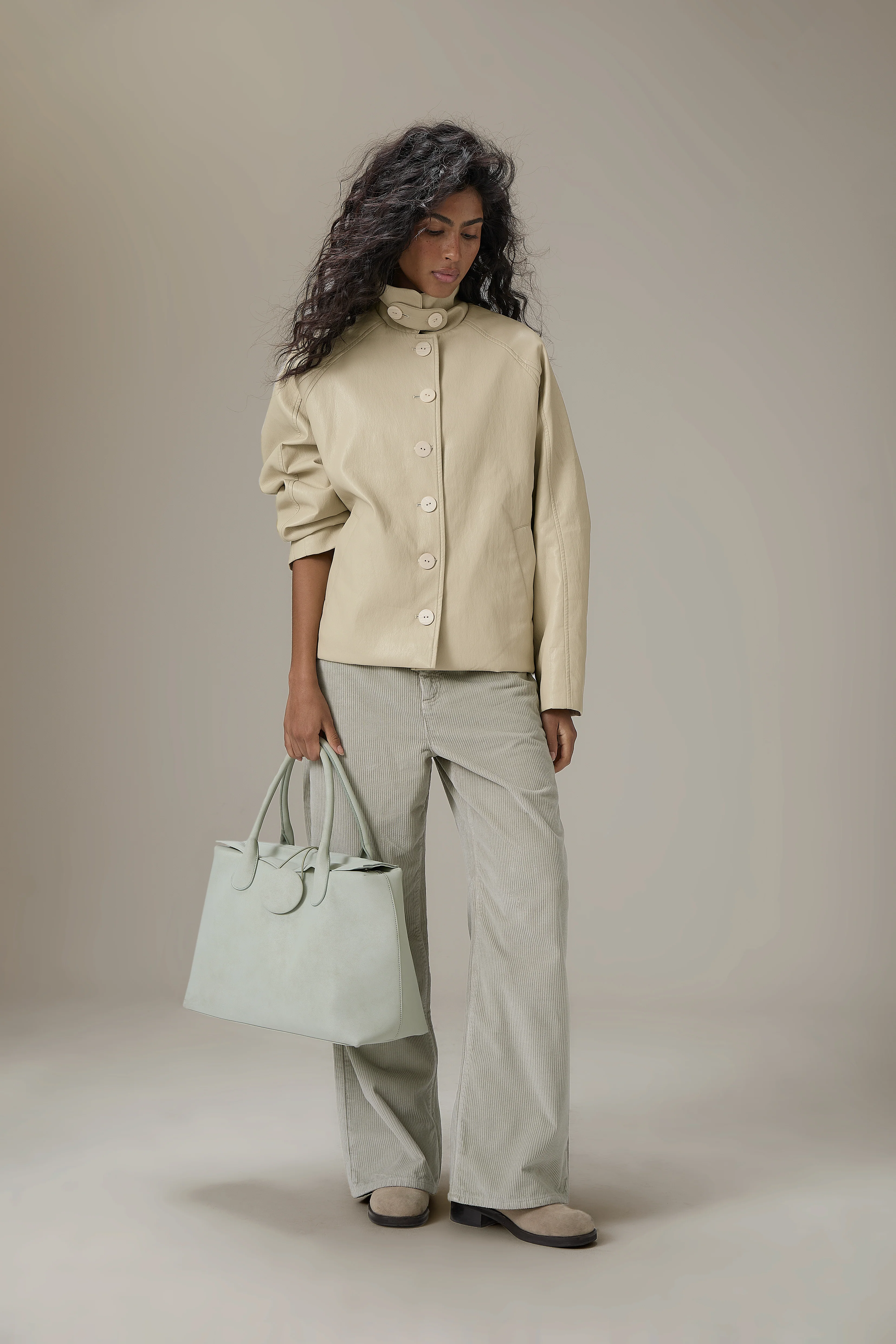 Hollies Classic Faux Leather Jacket in Sand - Image 6