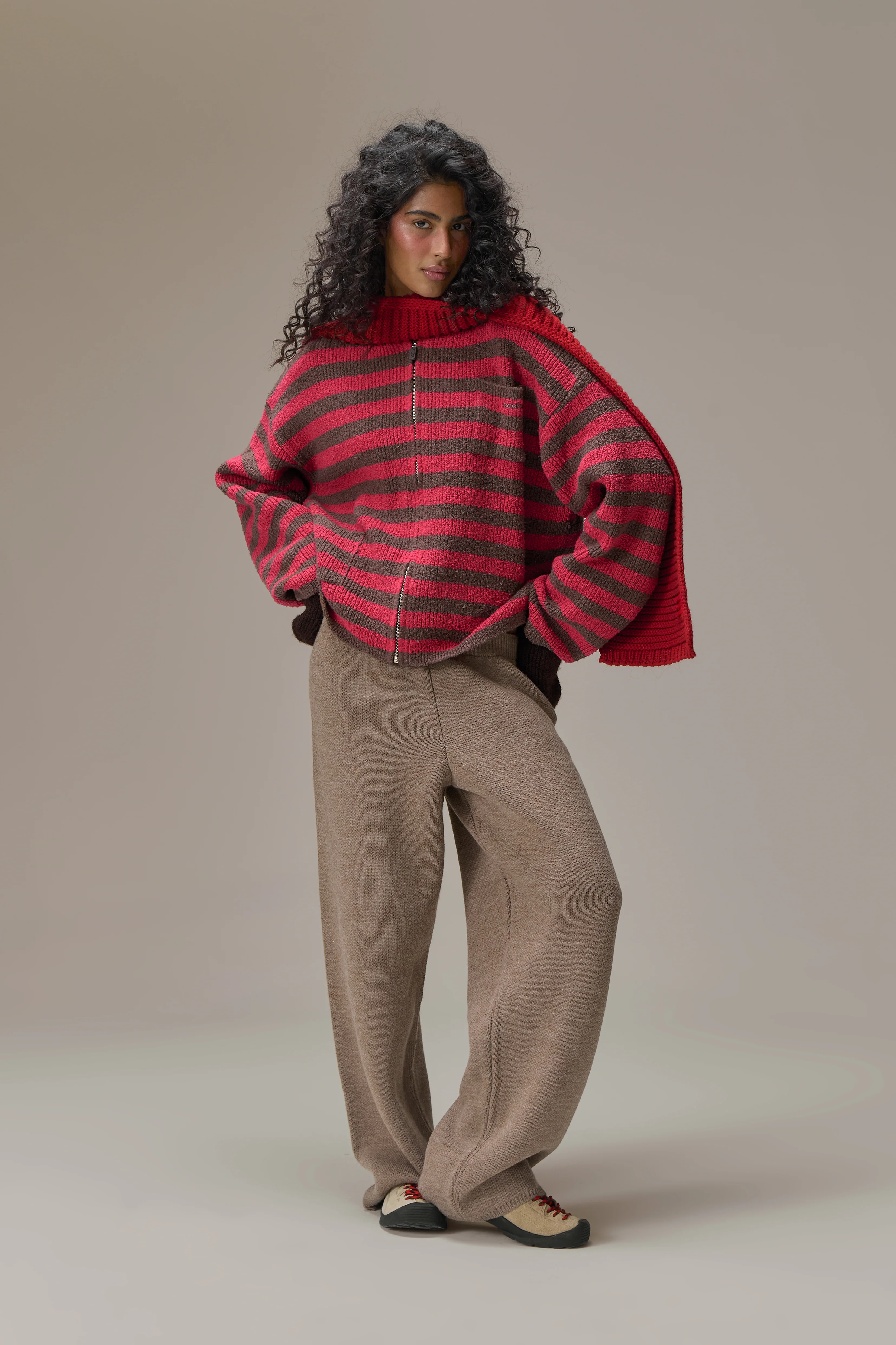 Jasper Knit Hoodie Zip Up in Red - Image 6