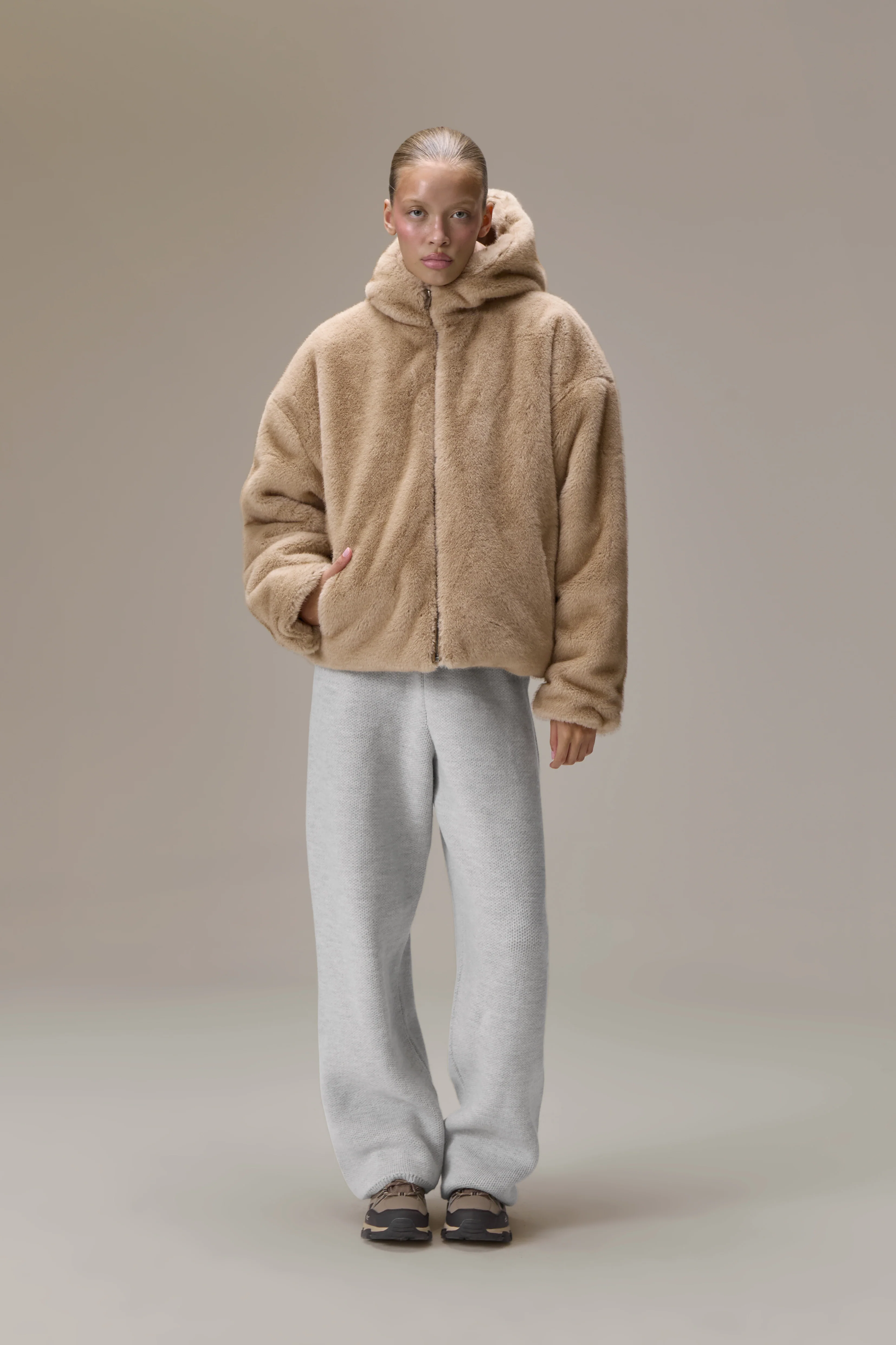 Winnipeg Faux Fur Hooded Jacket in Neutral - Image 3