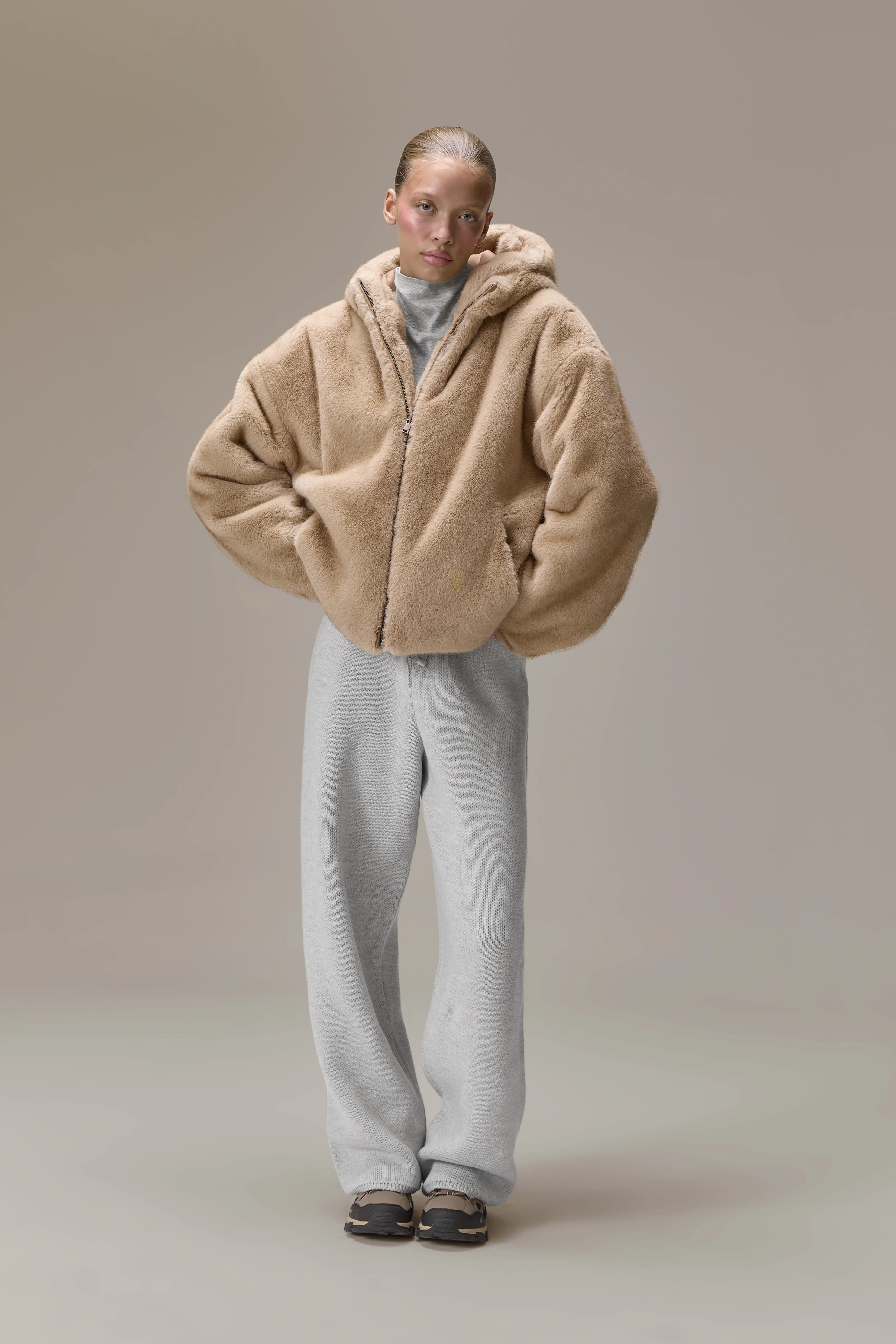 Winnipeg Faux Fur Hooded Jacket in Neutral - Image 6