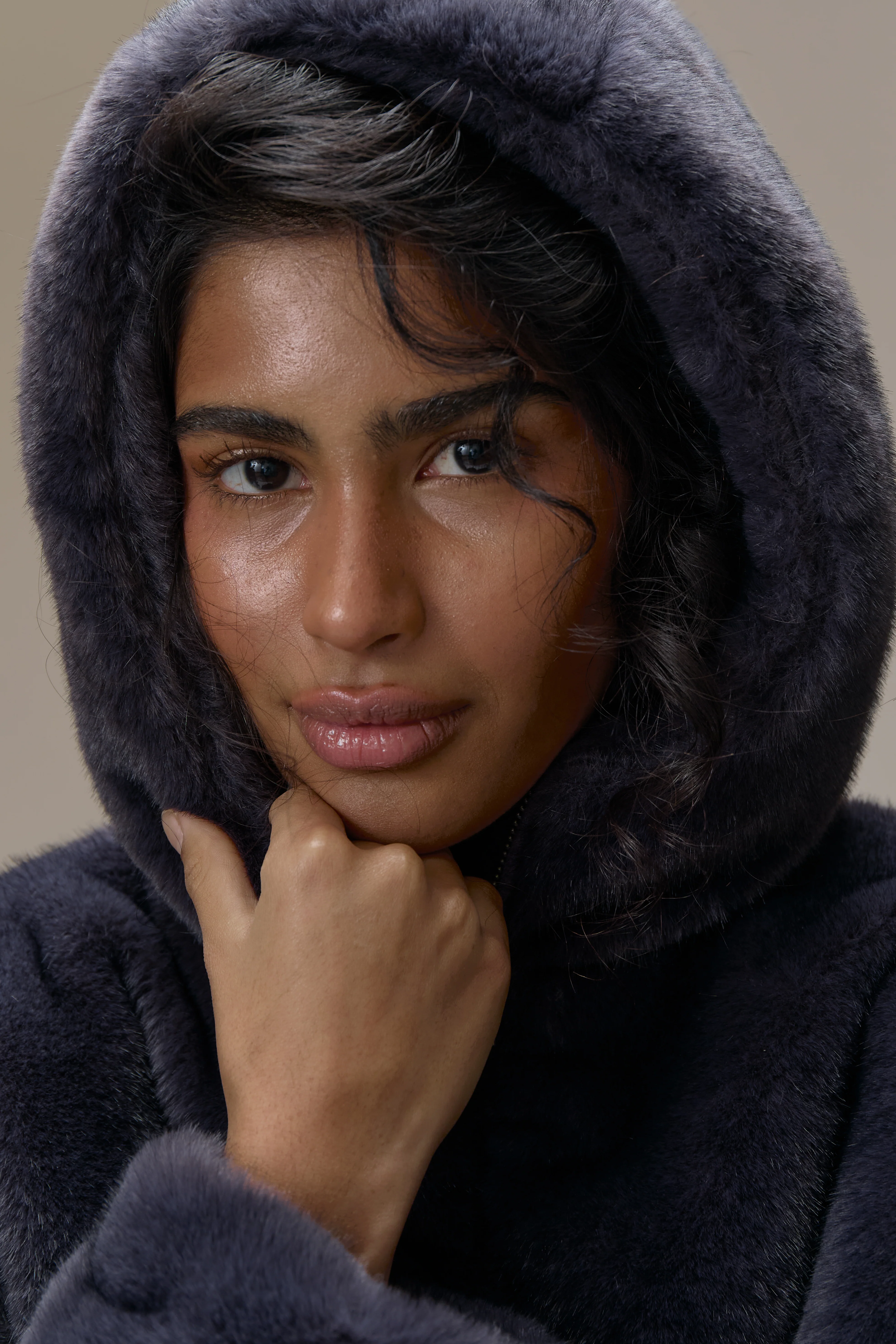 Winnipeg Faux Fur Hooded Jacket in Navy - Image 5