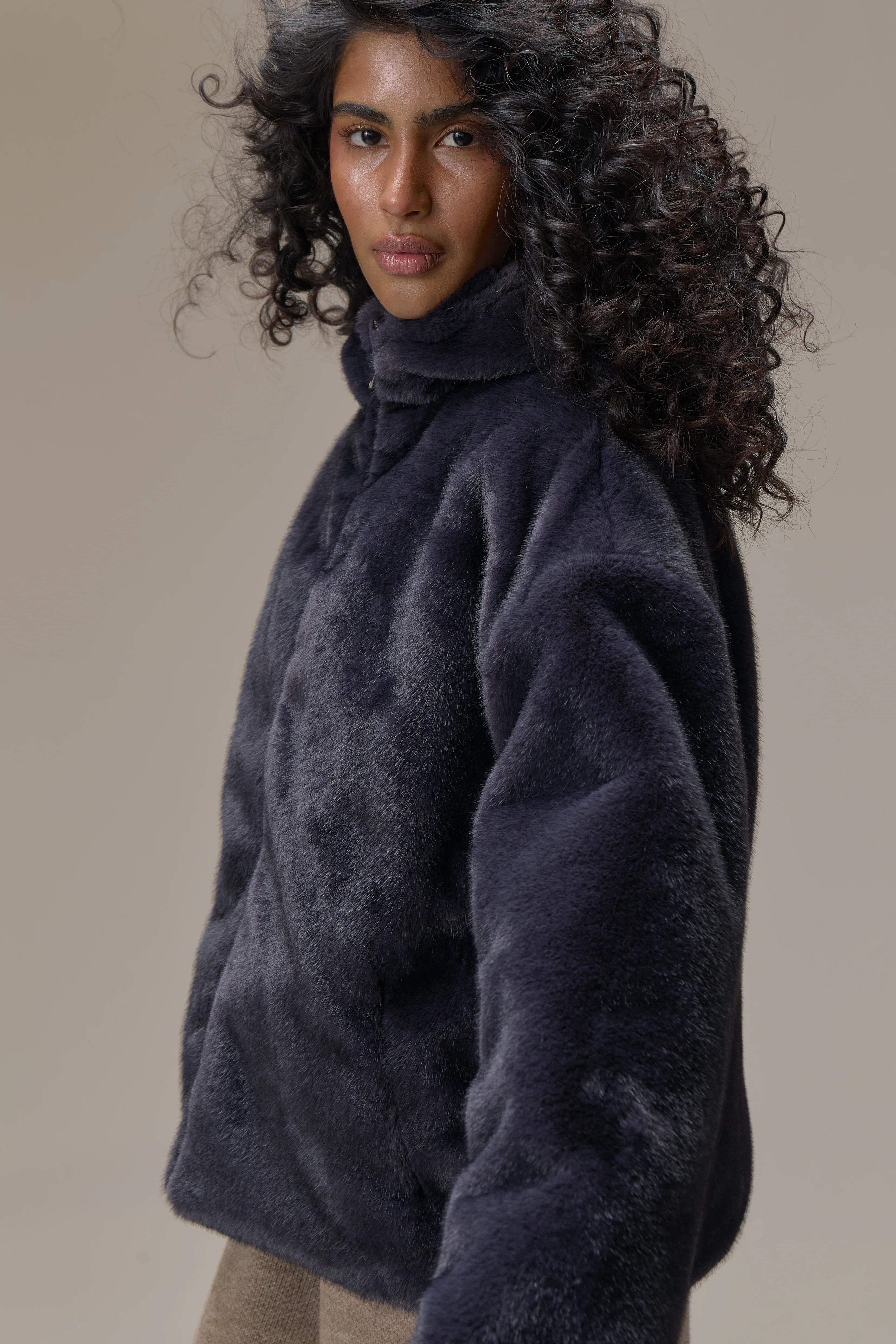 Winnipeg Faux Fur Hooded Jacket in Navy - Image 7