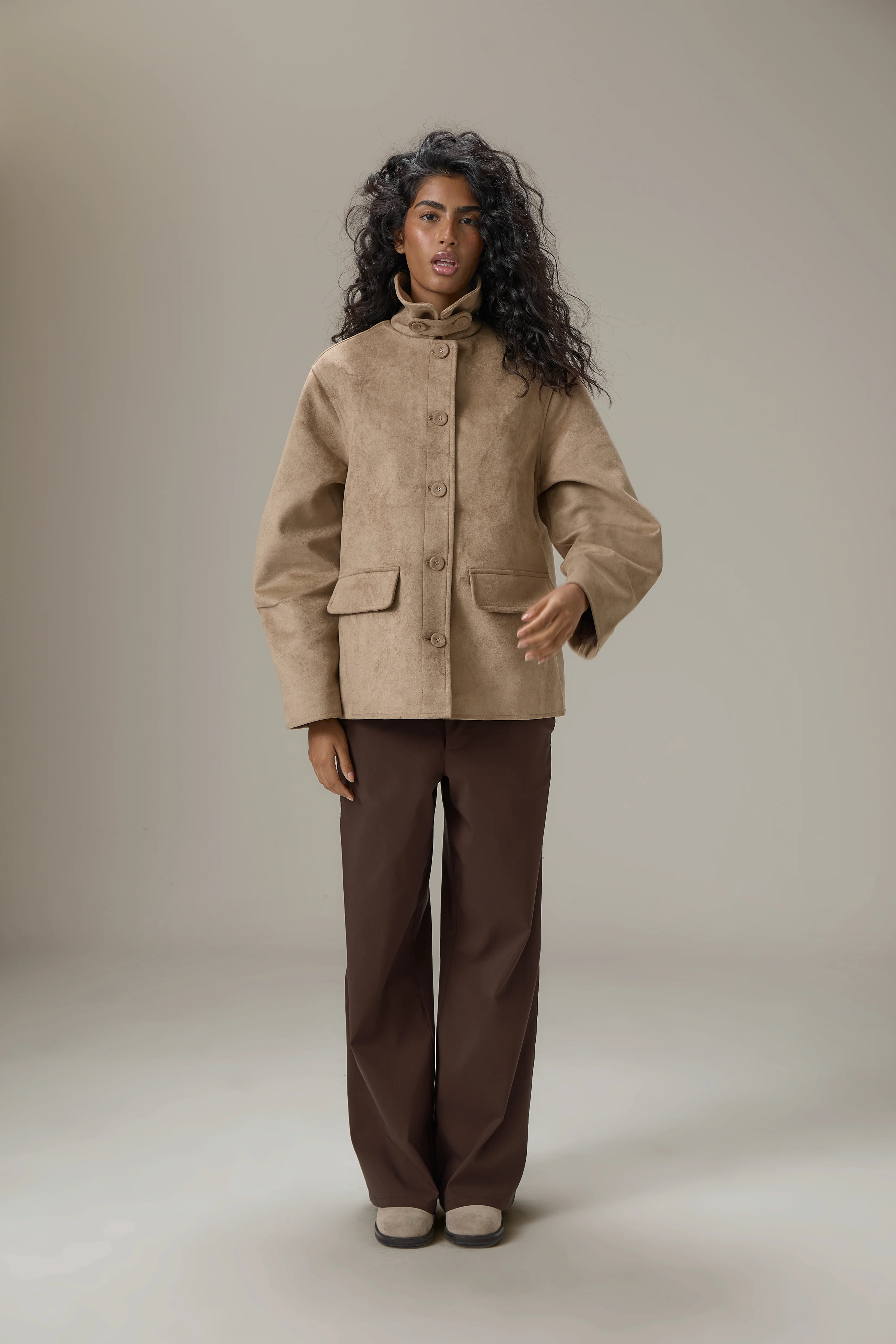 Elmer Faux Suede Button Jacket in Tan - Image 3
