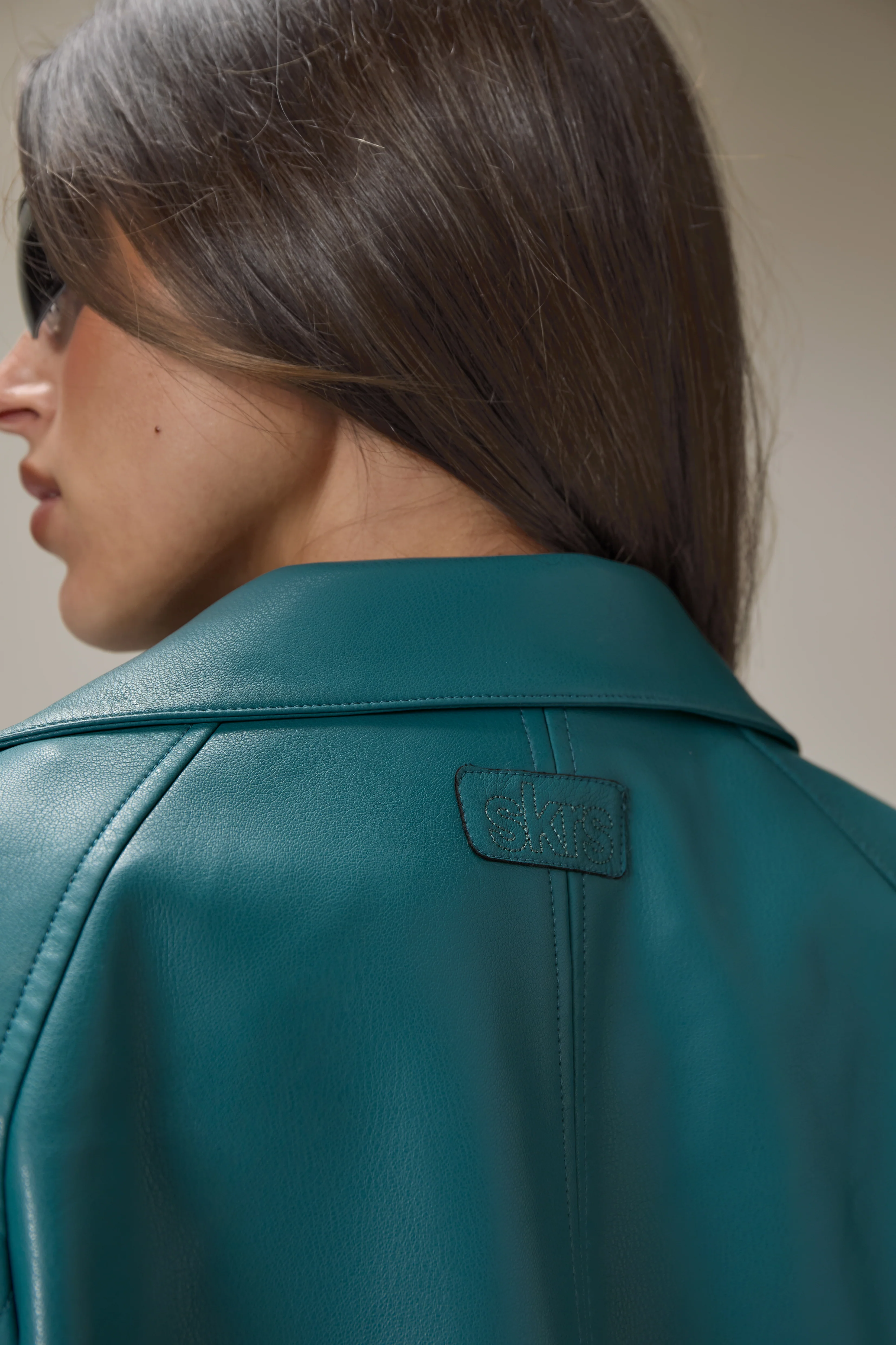 Hollies Classic Faux Leather Jacket in Dark Cyan - Image 3