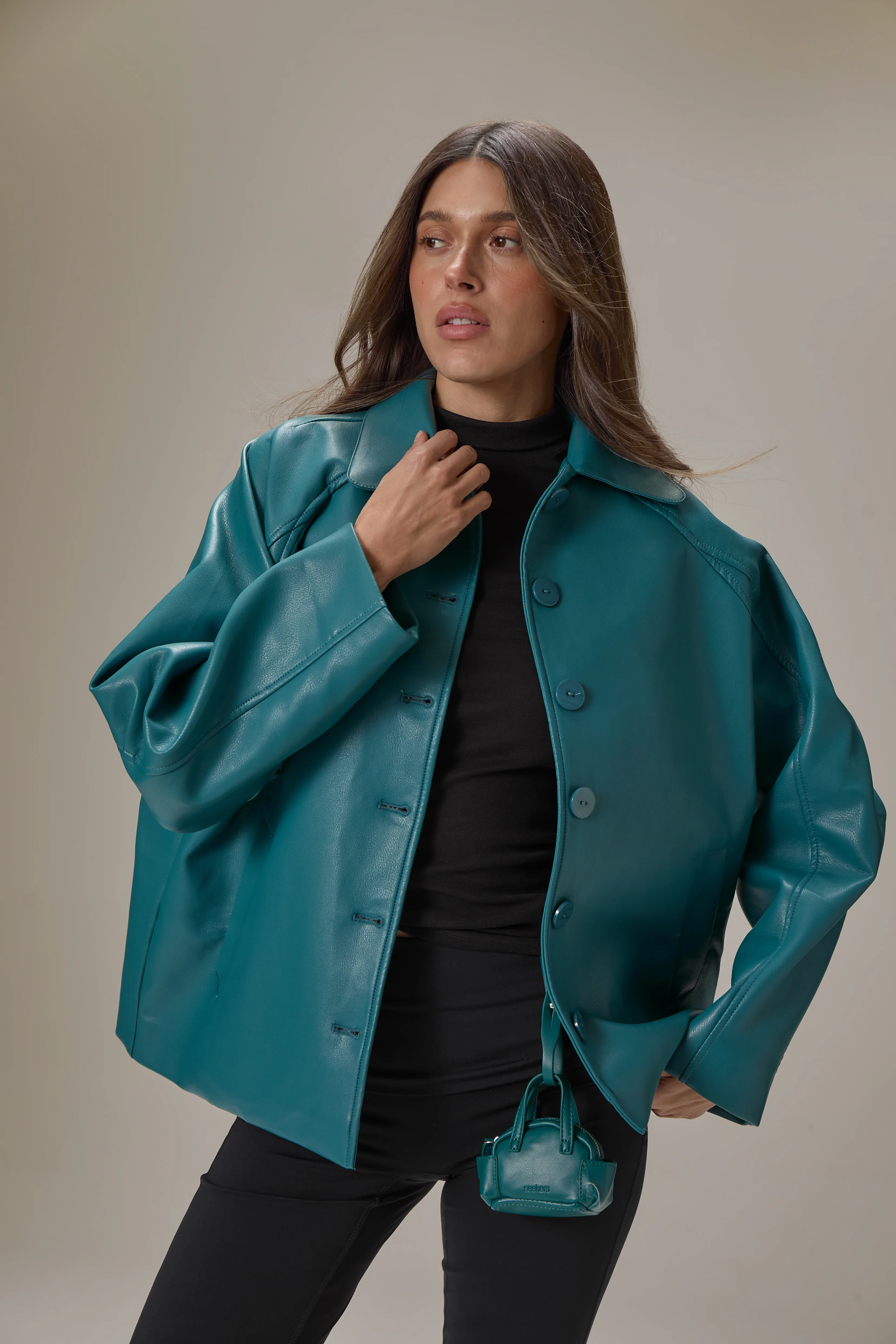 Hollies Classic Faux Leather Jacket in Dark Cyan - Image 4