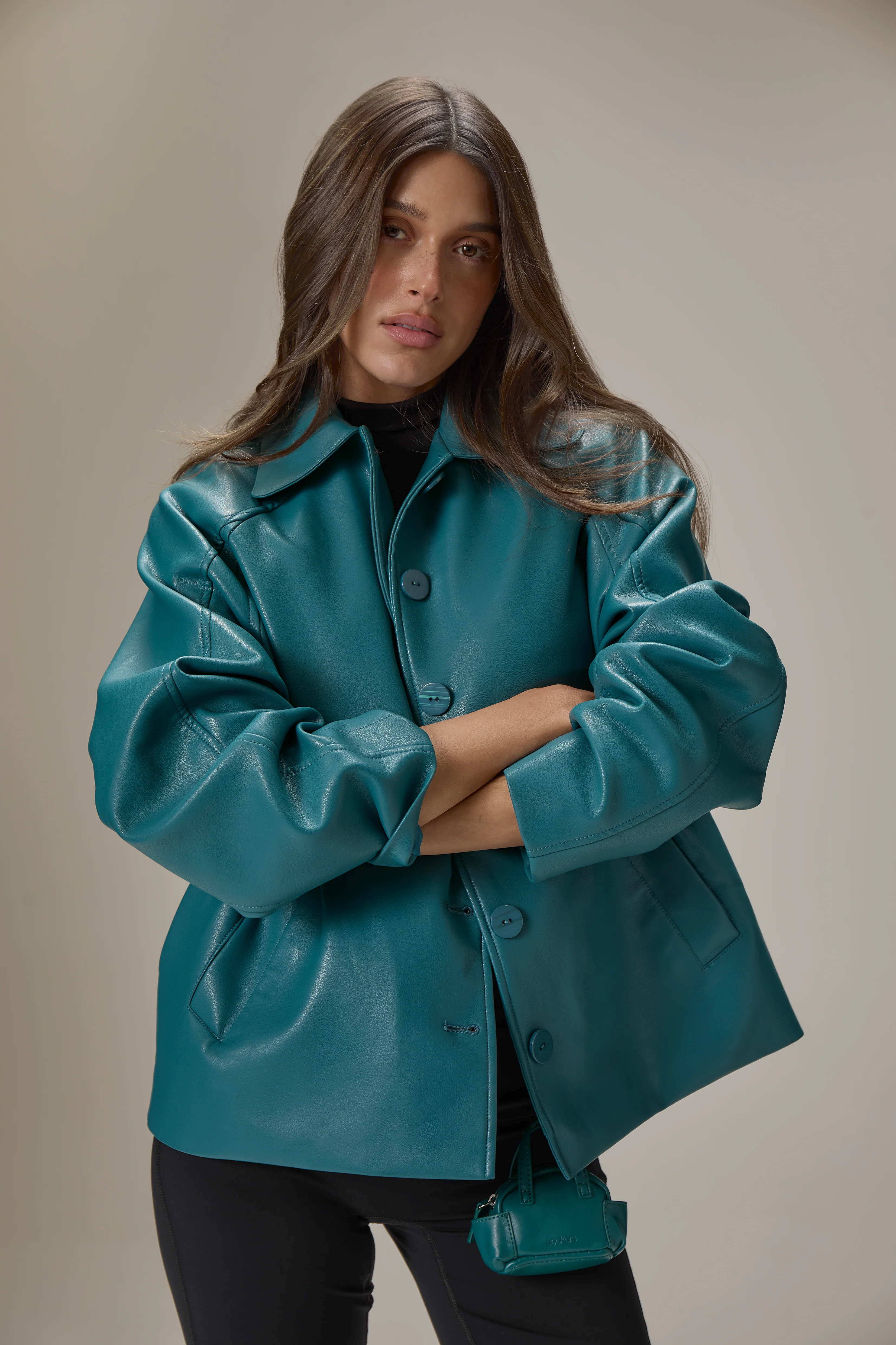 Hollies Classic Faux Leather Jacket in Dark Cyan - Image 5